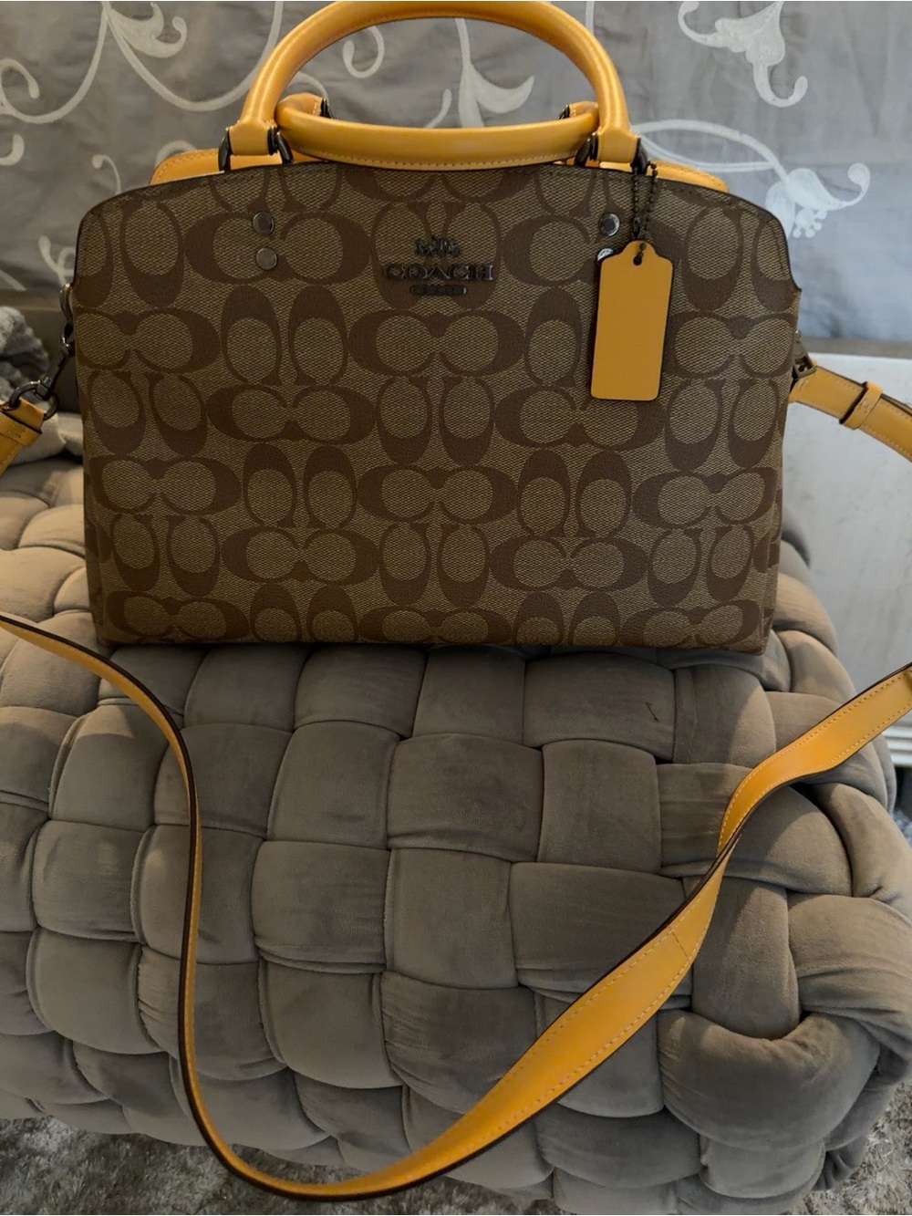 Coach Brown Signature Satchel with Yellow Trim - Picture 2 of 5